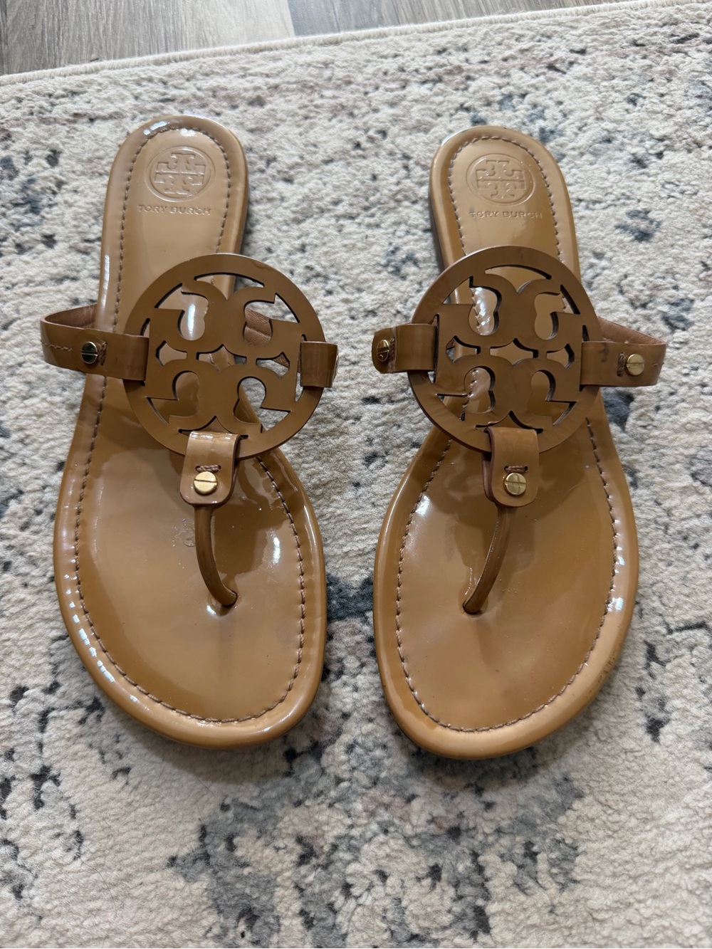 Tory Burch Tan Patent Miller Thong Sandals